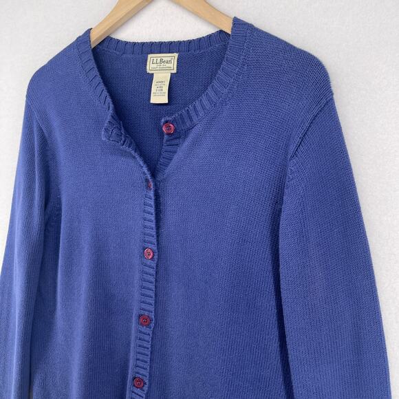 LL BEAN Sweater Womens M Button Up Cardigan Crewneck Cotton Blue - Picture 3 of 12